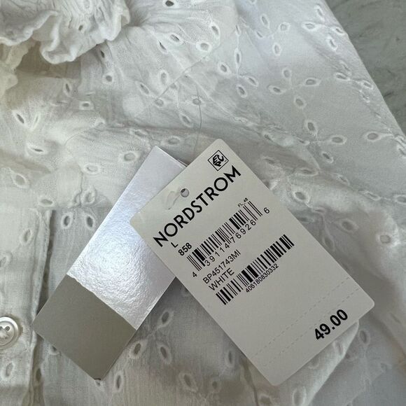 BP. Eyelet Minidress In White 100% cotton lined size L smocked back NWT - Picture 7 of 11